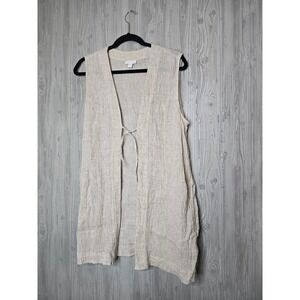 Pure Jill J Jill Linen Vest Large Petite Beige Oatmeal Crinkle Gauze Front Tie